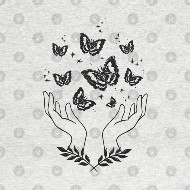 Boho Art Hands with Butterfly T-Shirt by OgogoPrintStudio